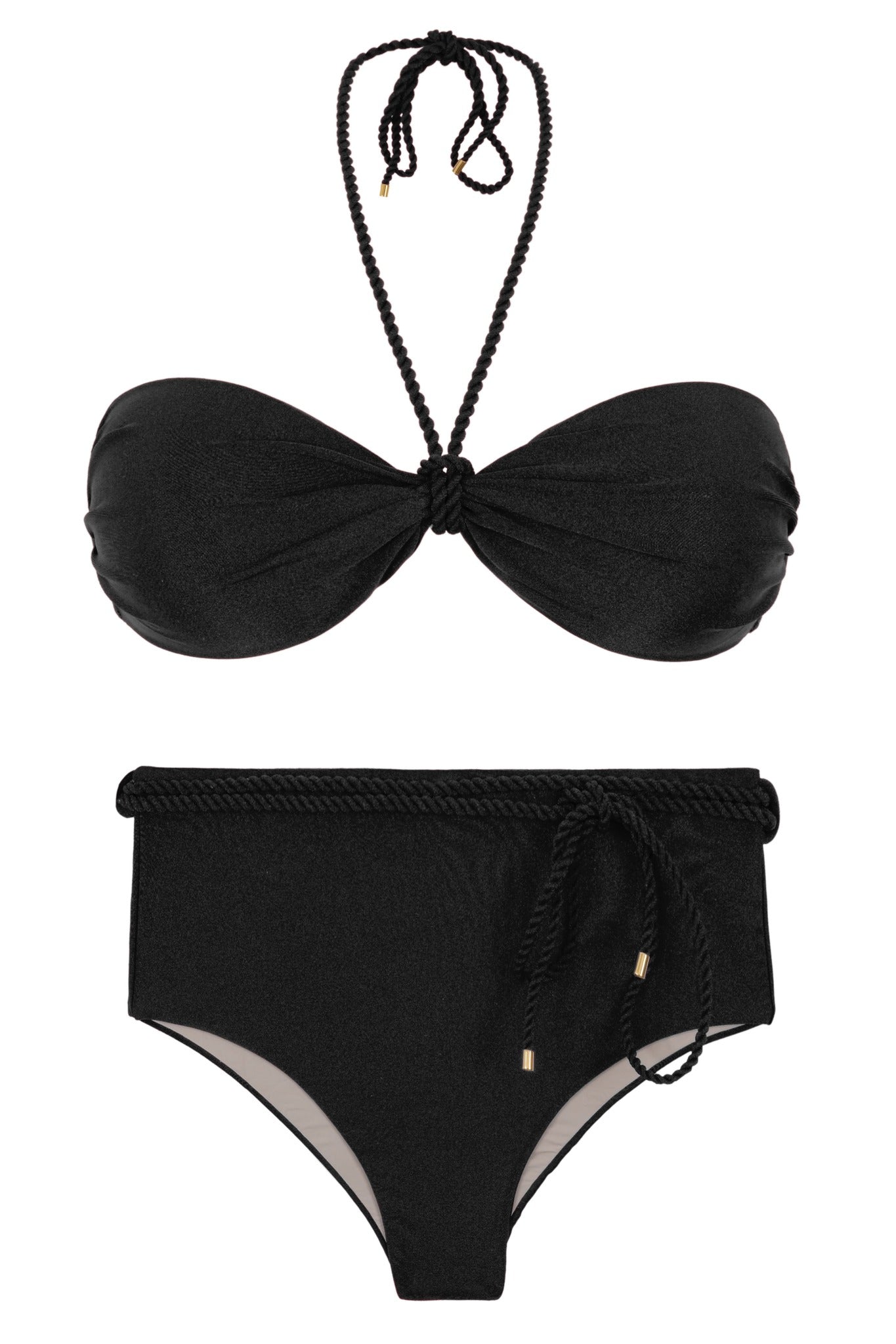 Product Front: Rio De Sol Ensemble Set Shimmer-Black Twist Belted-High-Waist